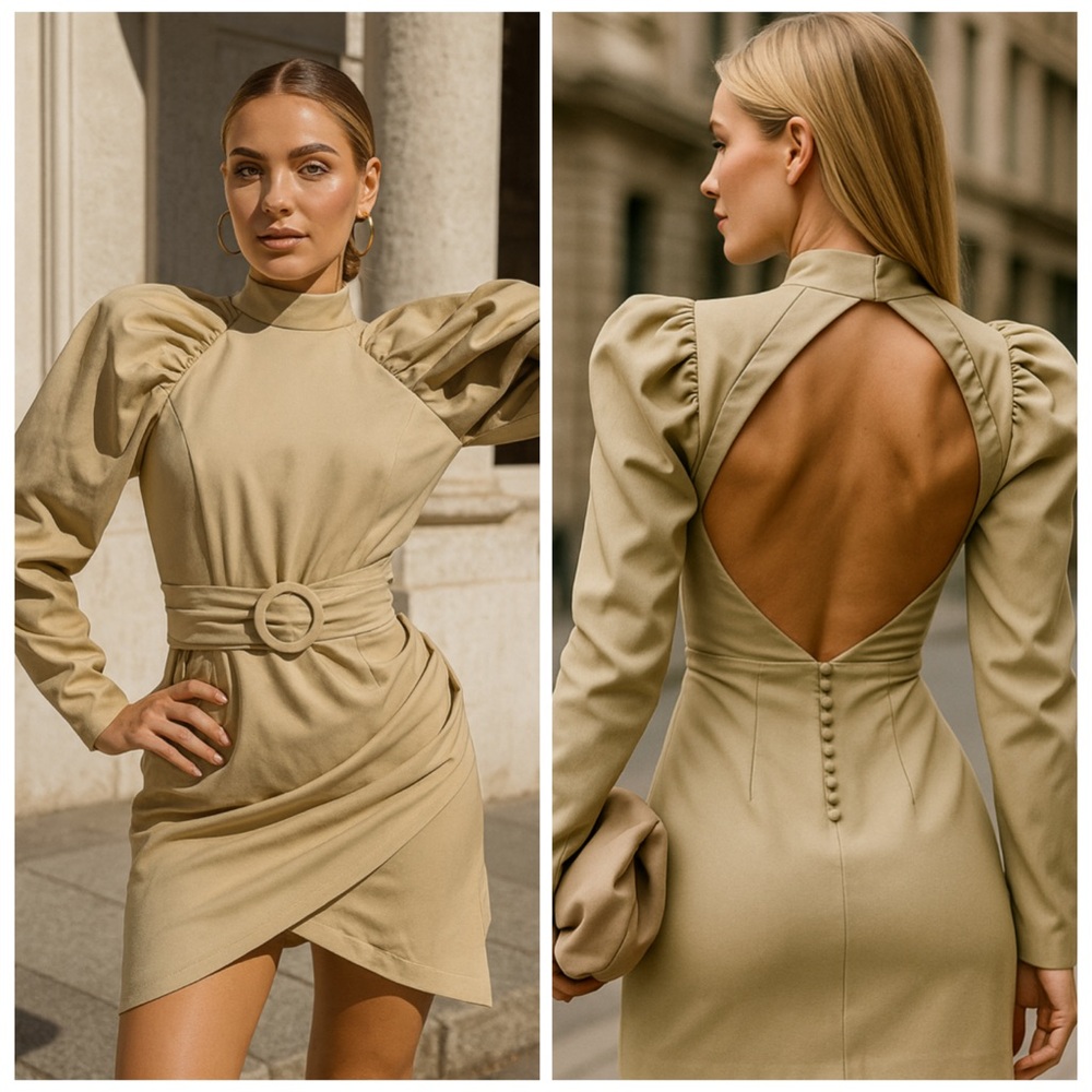 Lavish Alice Sage Green Balloon Sleeve Open Back Belted Mini Dress Sz 12 NWT